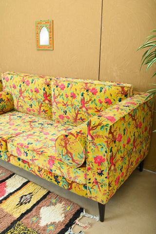 Yellow Bird of Paradise Velvet Sofa