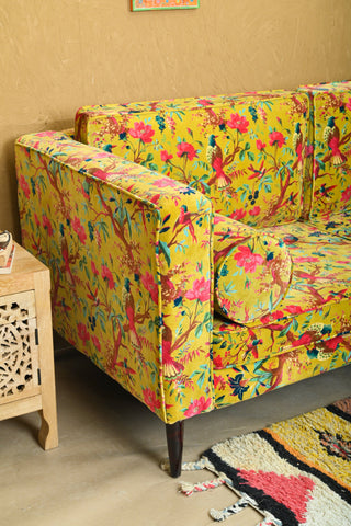 Yellow Bird of Paradise Velvet Sofa