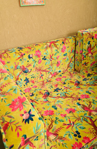 Yellow Bird of Paradise Velvet Sofa