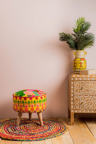 Yellow Embroidered Floral Cotton FootStool