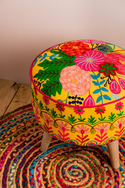 Yellow Embroidered Floral Cotton FootStool