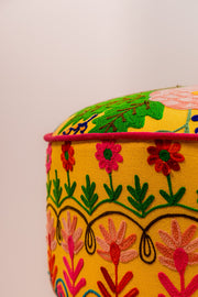 Yellow Embroidered Floral Cotton FootStool