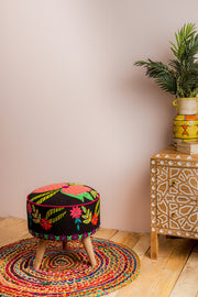 Black Embroidered Floral Cotton FootStool