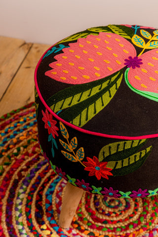 Black Embroidered Floral Cotton FootStool