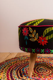 Black Embroidered Floral Cotton FootStool