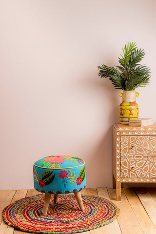 Blue Embroidered Floral Cotton FootStool