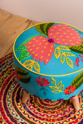 Blue Embroidered Floral Cotton FootStool