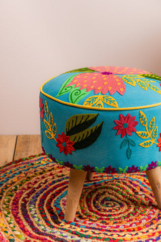 Blue Embroidered Floral Cotton FootStool