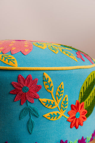 Blue Embroidered Floral Cotton FootStool