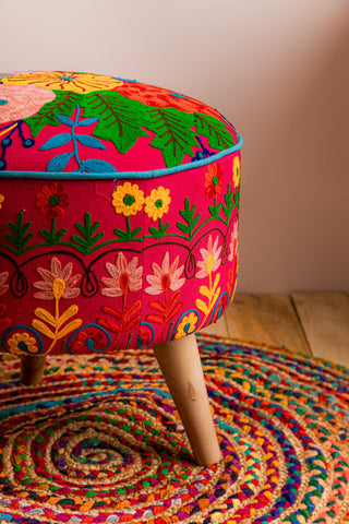 Pink Embroidered Floral Cotton FootStool