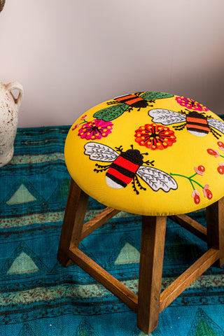 Yellow Embroidered Bees Cotton FootStool