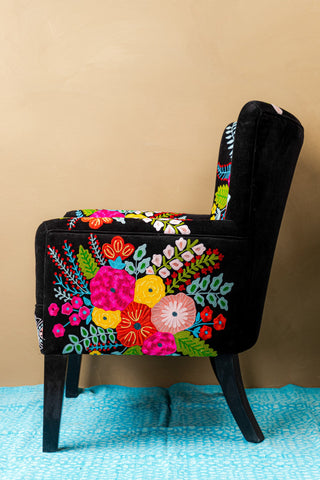 Black Embroidered Floral Armchair