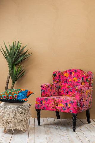 Pink Bird of Paradise Velvet Armchair