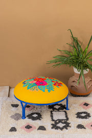 Embroidered Yellow Floral Velvet Iron Foot Stool