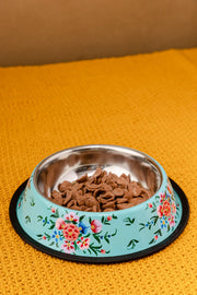 Hand Painted Turquoise Floral Pet Bowl