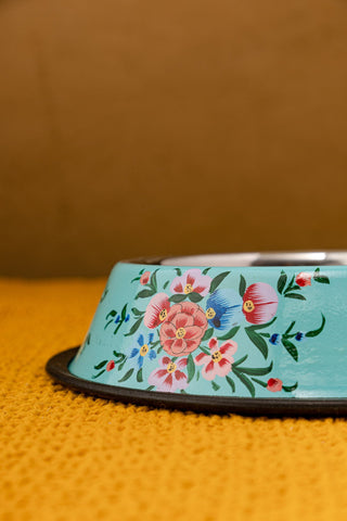 Hand Painted Turquoise Floral Pet Bowl