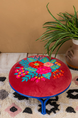 Embroidered Red Floral Velvet Iron Foot Stool