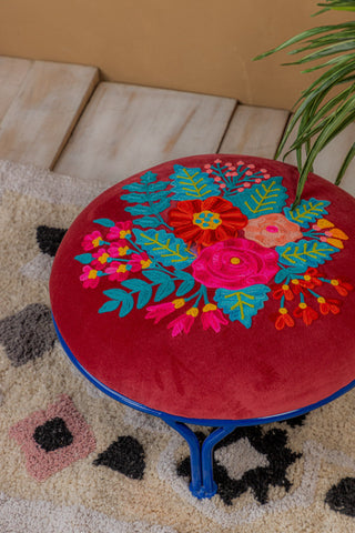 Embroidered Red Floral Velvet Iron Foot Stool