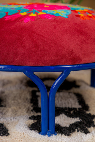 Embroidered Red Floral Velvet Iron Foot Stool