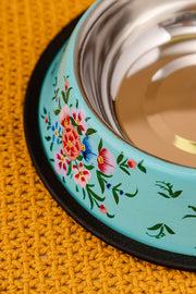 Hand Painted Turquoise Floral Pet Bowl