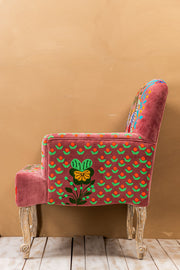 Pastel Pink Embroidered  Velvet Armchair