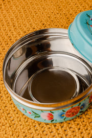 Hand Painted Turquoise Floral Stainless Steel Round Container - Set of 3