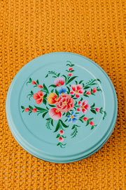 Hand Painted Turquoise Floral Stainless Steel Round Container - Set of 3