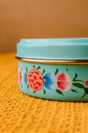 Hand Painted Turquoise Floral Stainless Steel Round Container - Set of 3