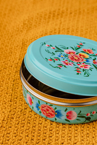 Hand Painted Turquoise Floral Stainless Steel Round Container - Set of 3