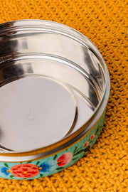 Hand Painted Turquoise Floral Stainless Steel Round Container - Set of 3