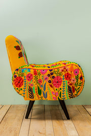 Yellow Floral Embroidered  Velvet Armchair