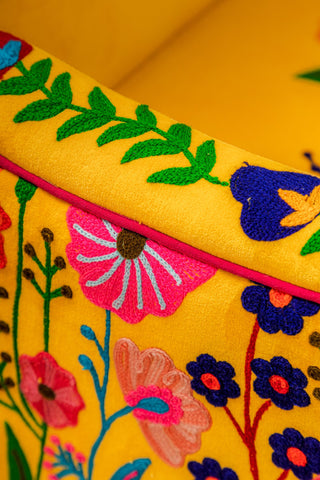 Yellow Floral Embroidered  Velvet Armchair