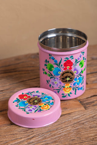 Hand Painted Pink Floral Stainless Steel Canister