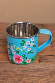 Hand Painted Sky Blue Floral Stainless Steel Mug