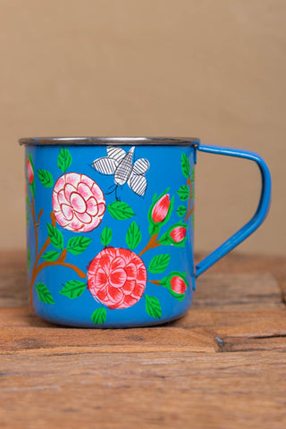 Hand Painted Blue Floral Stainless Steel Mug