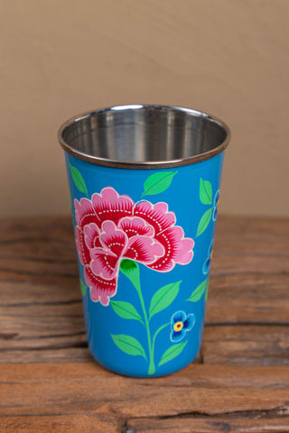 Hand Painted Smoke Blue Floral Stainless Steel Tumbler