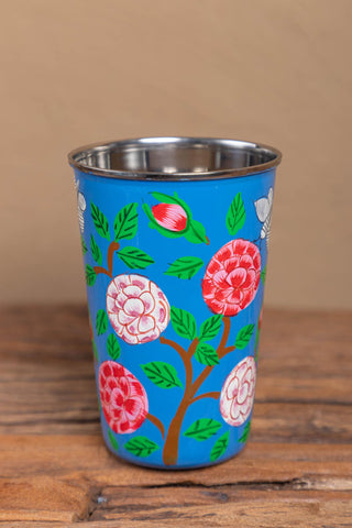 Hand Painted Blue Floral print Stainless Steel Tumbler