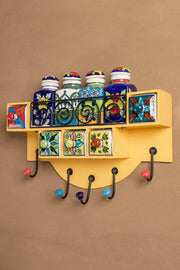 Yellow Wooden Spice Rack with Jars, Drawers & Hooks