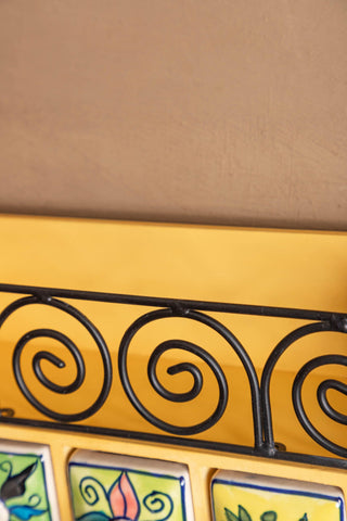 Yellow Wooden Spice Rack with Jars, Drawers & Hooks