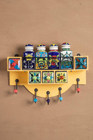 Yellow Wooden Spice Rack with Jars, Drawers & Hooks