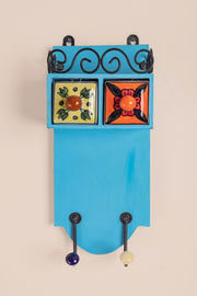 Blue Wooden Spice Rack with Drawers, Jars & Hooks