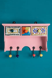 Pink Wooden Spice Rack with Drawers & Hooks