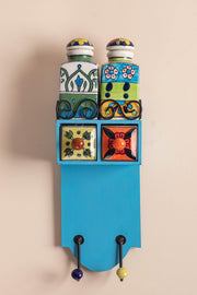 Blue Wooden Spice Rack with Drawers, Jars & Hooks