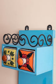 Blue Wooden Spice Rack with Drawers, Jars & Hooks