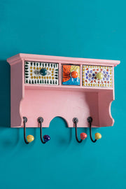 Pink Wooden Spice Rack with Drawers & Hooks