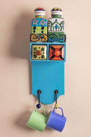 Blue Wooden Spice Rack with Drawers, Jars & Hooks