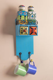 Blue Wooden Spice Rack with Drawers, Jars & Hooks