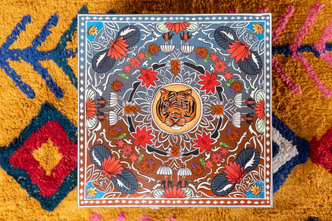 Exquisite Artistry: Tiger Hand Painted Jewelled Bajot - A Statement Piece for Cultural Décor