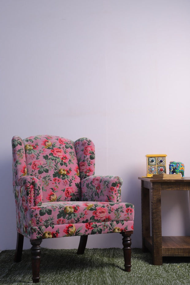 Baby Pink Floral Printed Embroidered Velvet Wooden Armchair